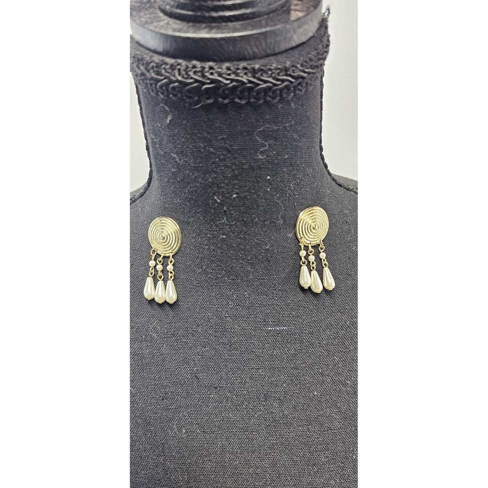 Vintage Gold Tone Faux Pearl Dangle‎ Earrings Spiral Disc Statement Retro
